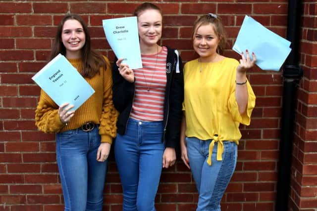 GCSE Results - King Edward VI Grammar School in Louth. Students: Yasmin England, Charlotte Drew and Poppy Farrow. Photo: Chloe West.