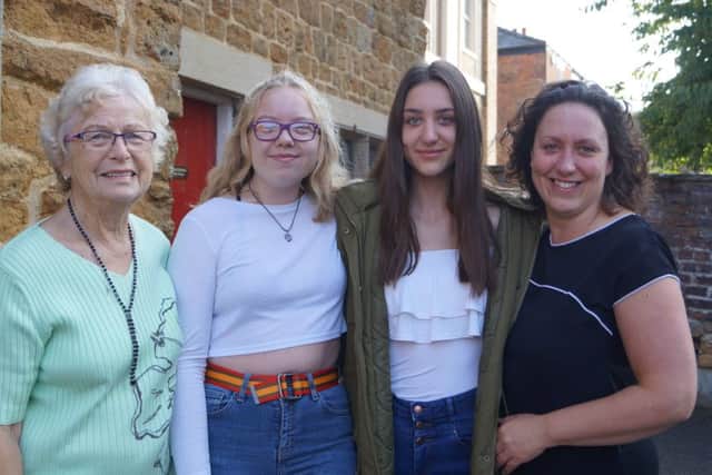 Caistor Grammar School: Katie Miller, second left, is heading to to John Leggott College to study and celebrated with her grandma Gill Robinson, left, while Charlotte Marshall is off to Franklin College and celebrated her rsults with mum Catherine. EMN-180823-113829001