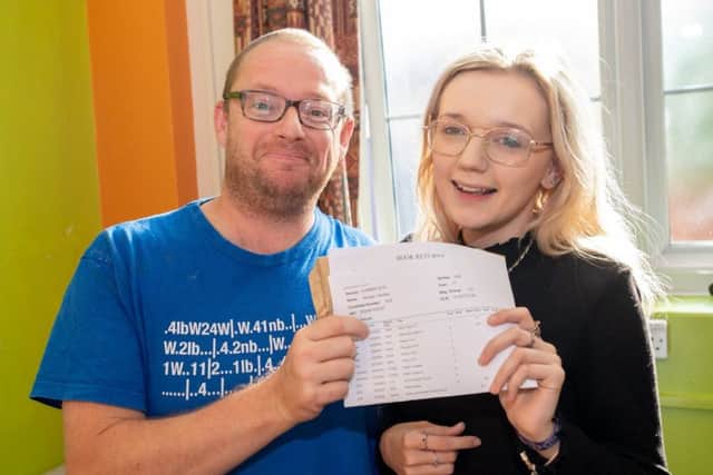 Morgan Hardisty who got an A in History is pictured with her History teacher Mr Wright. Picture: John Aron.