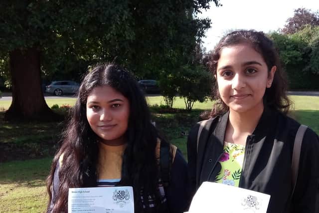 From left
Paru Kurup, 16, of Boston, who gained Four 8s, six 9s, A* in Business Studies, and Beenish Sanjrani, 16, of Boston who got Four 9s, six 8s, A in Business Studies.