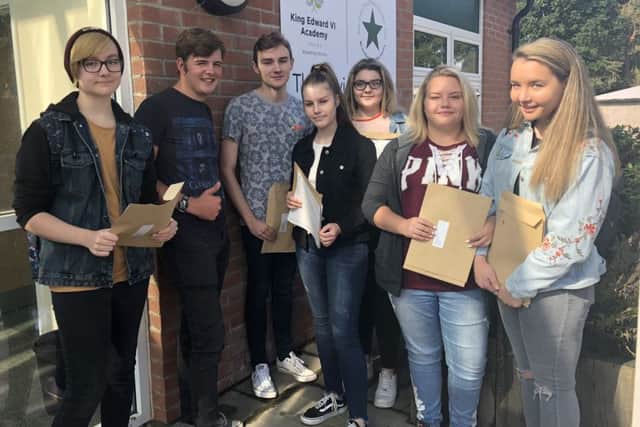 Students at Spilsbys King Edward VI Academy celebrating their GCSE results. Pictured from left are Dean Foster, Jayden Johnson, Ethan Lamming, Abi Rockliffe, Bryony Gale, Kizzy Marsden, and Katie Garner. ANL-180823-124537001
