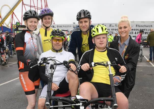 Start of last year's  Riding  for Ryan, Charity Cycle Ride at Fantasy Island, Ingoldmells. Pictured from left, Claire Draper, Alisha Thompson, Mark Smith, Adam Waples, Ryan Smith and Paige Harris. Photo: MSKP-100917-12 ANL-180830-182126001