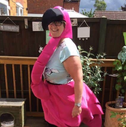 Susan Edwards in her flamingo costume.