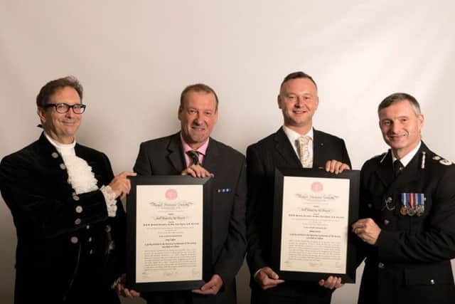 Guy Taylor and Adam Carter pictured with Ian Walter, High Sheriff of Lincolnshire, and Chief Constable Bill Skelly.