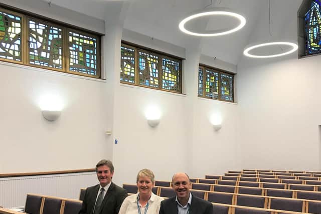 PIctured in the new chapel are Martin Potts, principal officer for bereavement, Cllr Claire Rylott, portfolio holder for tourism, arts, culture and heritage and Christian Allen, head of operations at Boston Borough Council
