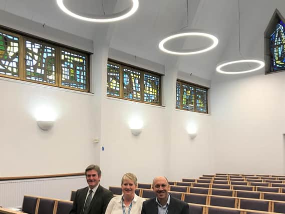 PIctured in the new chapel are Martin Potts, principal officer for bereavement, Cllr Claire Rylott, portfolio holder for tourism, arts, culture and heritage and Christian Allen, head of operations at Boston Borough Council