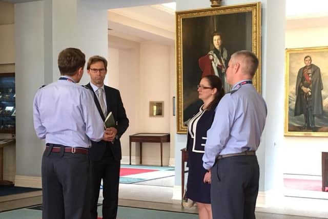 Tobias Ellwood, with Caroline Johnson meeting RAF College top brass. EMN-180921-185913001