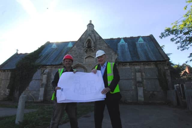 Neil Lowdon of Sankate Homes and Coun John Money, NKDC executive member for housing and property service, with floor plans of the development project for the old Quarrington School. EMN-180925-101944001