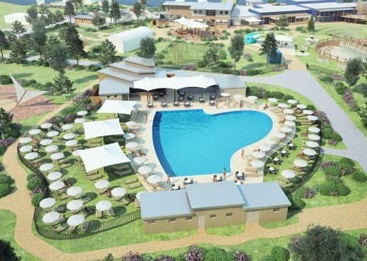 Perspective images of the proposed outdoor swimming pool and associated buildings at Tattershall Country Lakes Park. EMN-180510-092741001