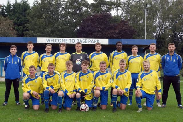 Market Rasen FC pictured in the new kit, sponsored by Lancaster Butchers and NB Law with new joint team managers Thom Lingard and Ian Smith