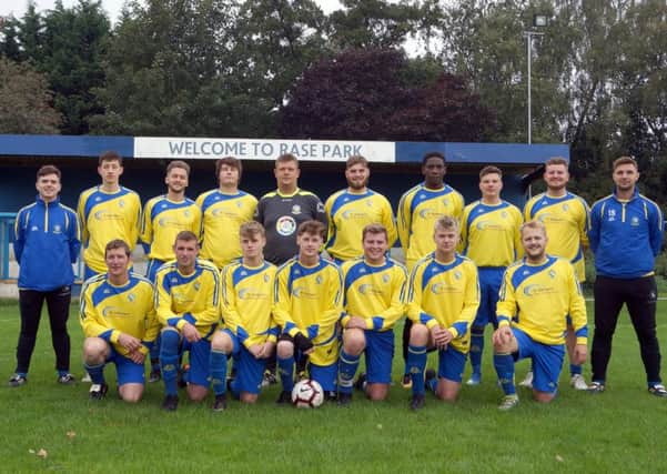 Market Rasen FC pictured in the new kit, sponsored by Lancaster Butchers and NB Law with new joint team managers Thom Lingard and Ian Smith