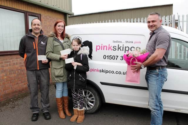 Demi Knight and her mum Mel, alongside Dave Fiddling from DS Smith (left, representing engineering manager Colin Shaw) and director of GBM, Simon Grantham (right).
