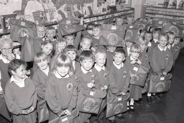 Pictured in this weeks Standard 20 years ago was this group of Carlton Road pupils. The children were given a special surprise when they arrived for their first day at school  each received a new book bag with the school log printed on the front.