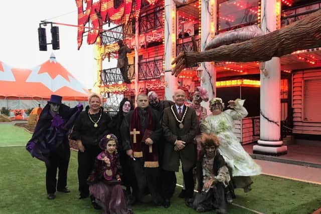 Mayor and Mayoress of Skegness Coun Sid Dennis and Mrs Marie Dennis with the cast of Psycho Mansion.