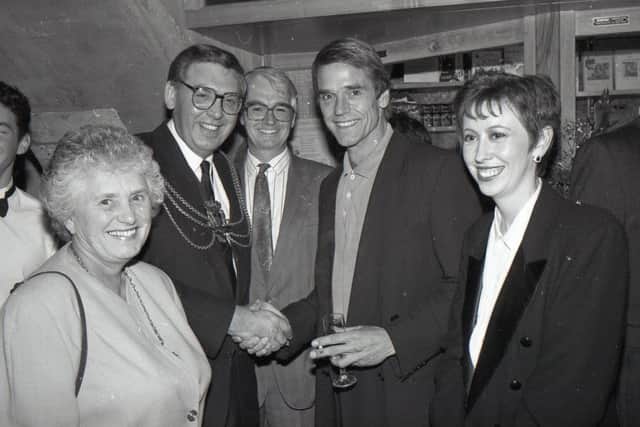 Jeremy Irons being welcomed to Blackfriars by the Mayor and Mayoress Couns Keith and Joyce Dobson, Michael Hancock, managing director of Palmer and Bell, and arts centre director Sue McCormick.