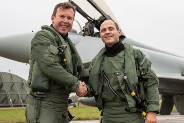 Group Captain Baulkwill (left) is congratulated by Group Captain Flewin after his last flight at RAF Coningsby
Captain Flewin after his last flight. Picture: SAC James Skerrett.