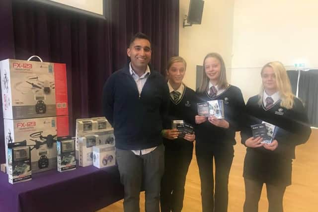 Gogglebox star Baasit Siddiqui with the winners of the Let's Pitch It competition Lisa Poxon, Megan Childs-Lunt and Maddison Coombes.