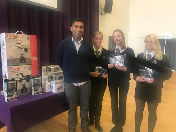 Gogglebox star Baasit Siddiqui with the winners of the Let's Pitch It competition Lisa Poxon, Megan Childs-Lunt and Maddison Coombes.