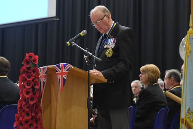 Royal British Legion poppy prom with Sleaford Concert Band. Chairman of RBL Sleaford Branch Major Clive Candlin. EMN-181023-110443001