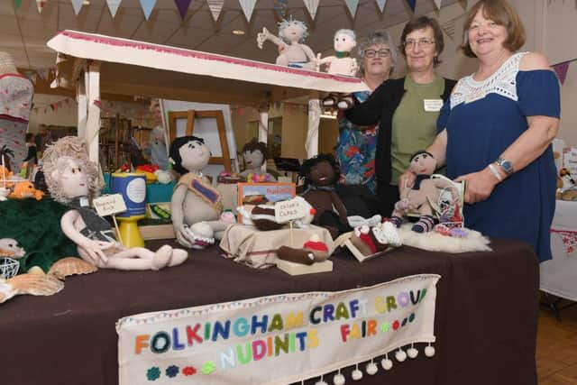 Folkingham Craft Group holding a two day exhibition in village hall. L-R Norma McCall, Lorna Bennett and Sylvia with the group's Nudinits display. EMN-181024-095918001