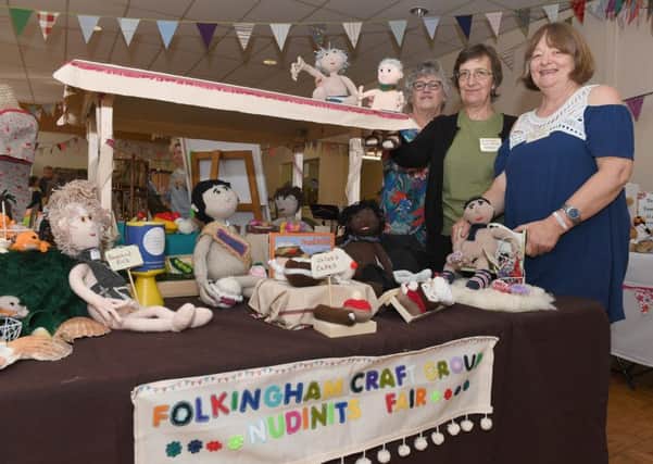 Folkingham Craft Group holding a two day exhibition in village hall. L-R Norma McCall, Lorna Bennett and Sylvia with the group's Nudinits display. EMN-181024-095918001
