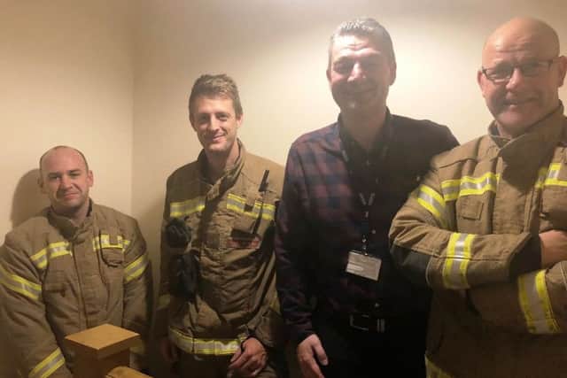 BBC Radio Lincolnshire presenter pictured shortly after he was rescued from his bedroom by Boston fire-fighters. Images supplied.