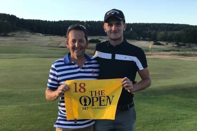 Ashton Turner (right) with his coach and Kenwick Park club professional Paul Spence after qualifying for The Open EMN-180511-133308002