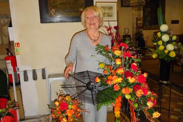 Pauline Foster with her Halloween arrangement.