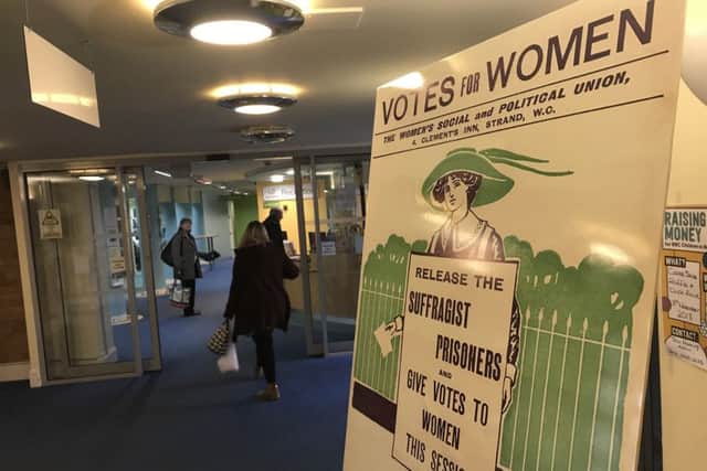 Exhibition on 100 years of women's right to vote at NKDC offices. EMN-180911-183357001