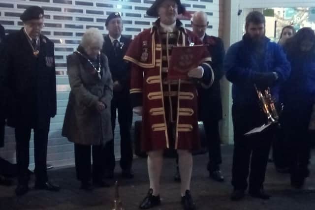 Skegness Town Crier Steve O'Dare delivering the Global Cry for Peace outside the Hildreds Centre in Skegness.