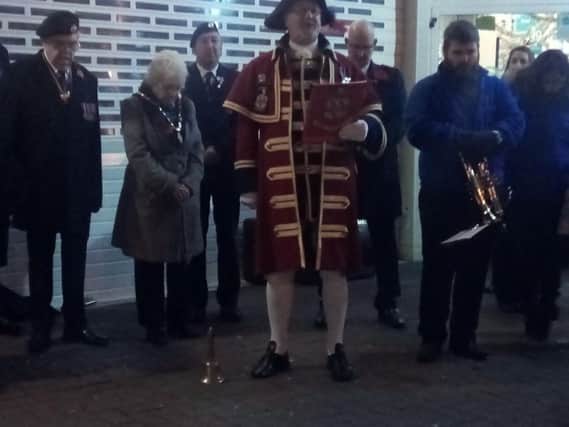 Skegness Town Crier Steve O'Dare delivering the Global Cry for Peace outside the Hildreds Centre in Skegness.