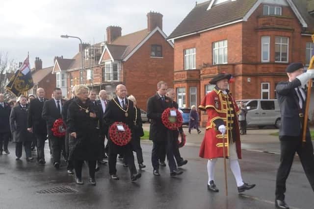 The Remembrance Day parade in Skegness gets underway. Photo: Barry Robinson.