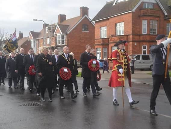 The Remembrance Day parade in Skegness gets underway. Photo: Barry Robinson.