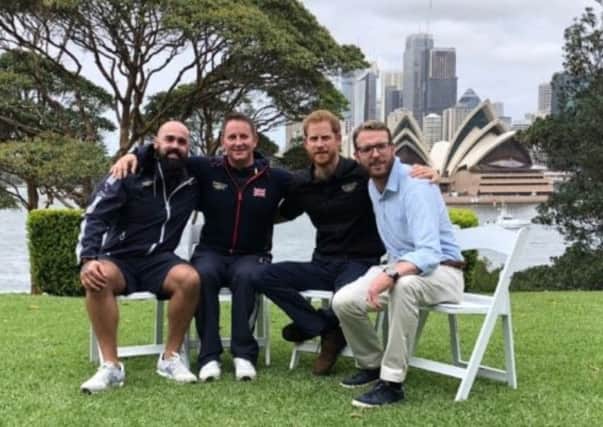 David Morris, second left, pictured with Prince Harry, fellow team member Jonny Mitchell, far left, and BBC presenter  J J Chalmers, right, a former competitor in the Invictus Games. Images supplied.