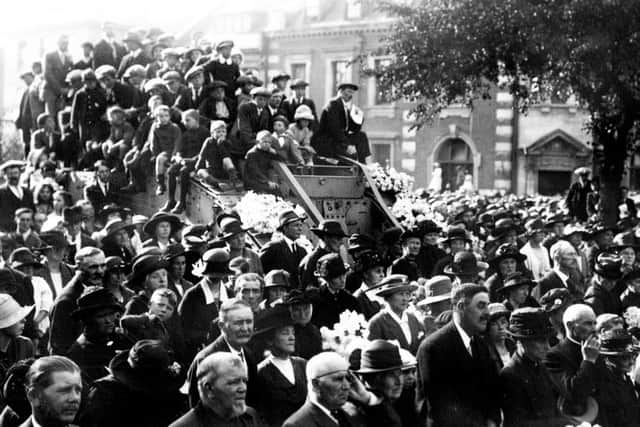 This photograph was shared with the Standard by Neil Watson, of Boston. It shows a crowd at the opening of the war memorial, in Strait Bargate, in September 1921, with the tank presented to the town at the end of the First World War.