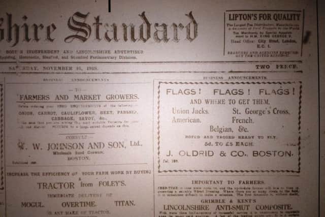 'Flags! Flags! Flags!' Oldrids' advert in the Standard the week after peace was declared.