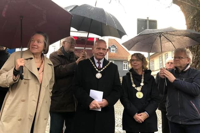 Mayor of Skegness Sid Dennis and Mayor of Bad Gandersheim Franziska Schwartz at the ceremony in Germany where they read out the names of the fallen from both towns.