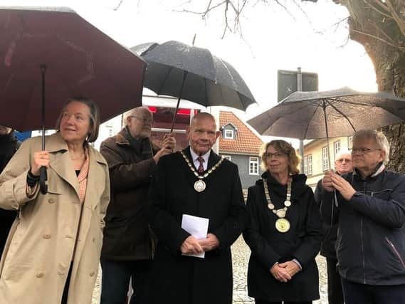 Mayor of Skegness Sid Dennis and Mayor of Bad Gandersheim Franziska Schwartz at the ceremony in Germany where they read out  the names of the fallen from both towns.