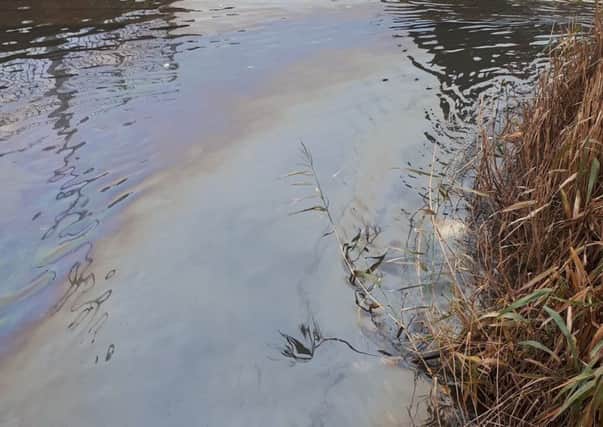 An oil leak in the River Bain. Main photo: Horncastle Community Page.