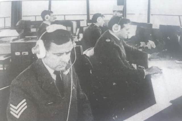 SAC Phil Taylor (second from left) when he was assistant Air Traffic Controller at the formerRAF Wainfleet.. ANL-181213-161030001