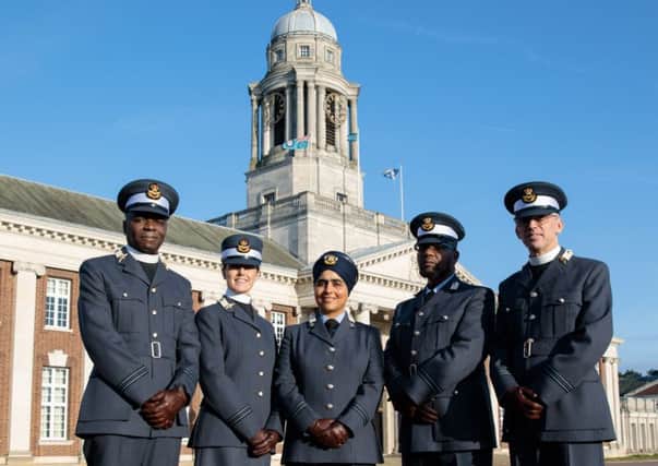 Pictured from left - Rev (Flight Lieutenant) J Mbayo, Rev (Flight Lieutenant) C J Harrison, Rev (Flight Lieutenant) Mandeep Kaur,
Chaplain (Flight Lieutenant) Ali Omar, Rev (Flight Lieutenant) Philip Johnson. In a first for the Royal Air Force and the British Military, a Sikh Chaplain and Muslim Padre graduated as RAF Chaplains this week following basic training at the RAF College Cranwell. Photo: Laurence Platfoot. EMN-181217-142322001