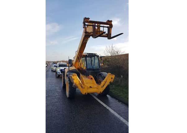 Traffic hazard. This JCB forklift was stolen from a building site near King's Lynn and thieves made it as far as Sleaford before running out of fuel. EMN-181220-100118001