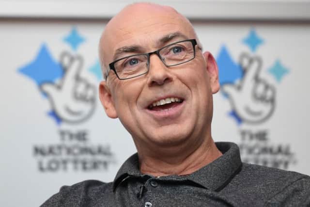 Andrew Clark, 51, from Boston, Lincolnshire, celebrates his £76,369,806.80 EuroMillions jackpot win from the draw on Friday 2 November 2018 at Belton Woods Hotel, Grantham. Picture: Joe Giddens/PA Wire