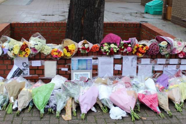 Some of the floral tributes left at St George's Academy in Sleaford to Eliza Bill.