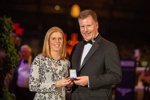 Ros Canter receives the BEF Medal of Honour from BEF chief executive Nick Fellows. Picture courtesy of BEF/Jon Stroud Media EMN-190301-170124002