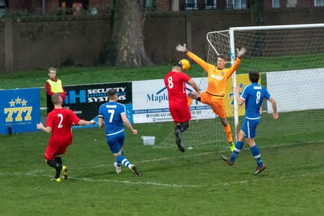 Travis Portas made a string of fine saves against Pinchbeck. Photo: @russelldossett (www.sportspictures.online)
