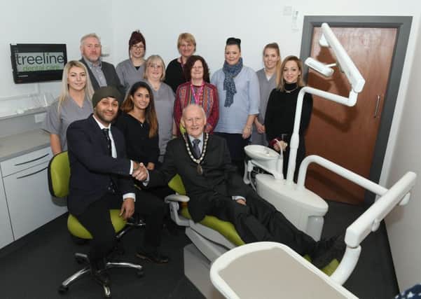 Opening of Treeline Dental Care, Sleaford, by Mayor of Sleaford Grenville Jackson. Front - Jimmey Palahey and Dr Navjit Jandu with Grenville Jackson. Back L-R Anastasia Chondrou, Lauren Barlow, Emily Wetherill, Cllr Kate Cook, Clair Richards. EMN-190121-131515001