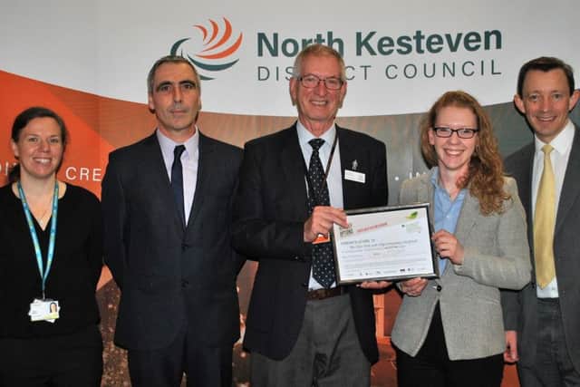 Pictured from left - Rachel Belcher, Locality Lead (North and South Kesteven) for Public Health Lincolnshire, Mark Stuart, Public Protection Manager for North Kesteven District Council, Coun Peter Burley, Executive Board member for North Kesteven District Council, Rachel Tweedale, co-director at The Elite Fish & Chip Company and David Steels, Head of Environment and Public Protection for North Kesteven District Council. EMN-190118-152832001