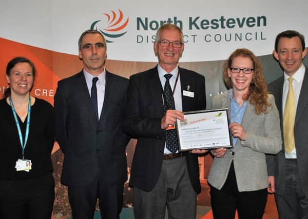 Pictured from left - Rachel Belcher, Locality Lead (North and South Kesteven) for Public Health Lincolnshire, Mark Stuart, Public Protection Manager for North Kesteven District Council, Coun Peter Burley, Executive Board member for North Kesteven District Council, Rachel Tweedale, co-director at The Elite Fish & Chip Company and David Steels, Head of Environment and Public Protection for North Kesteven District Council. EMN-190118-152832001