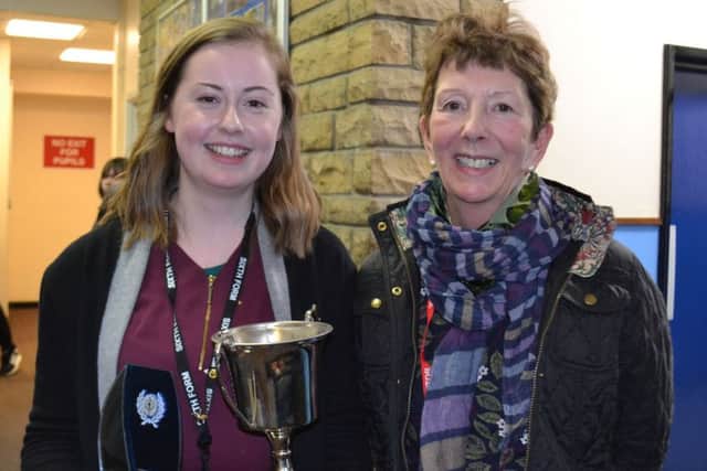 Alethea Meachem, winner of the Exceptional Achievement Award at GCSE trophy and the Bonfield Trophy for Geography for the highest attainment at GCSE. pictured with guest speaker Liz Rijnenberg. EMN-190128-121245001